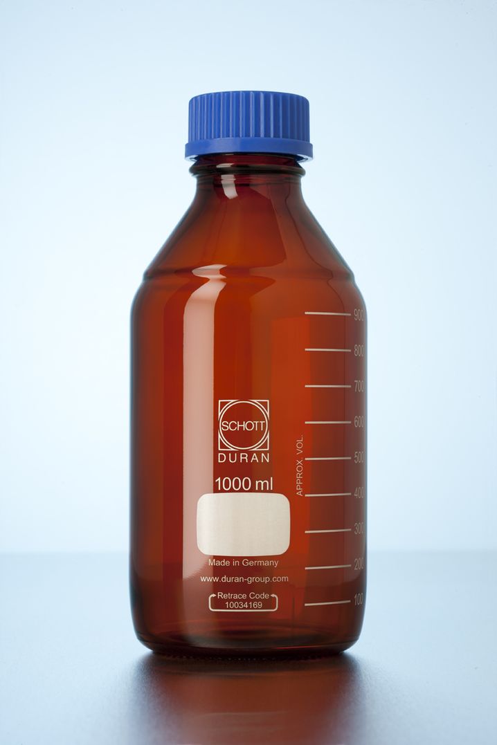 DURAN® Original GL 45 Laborflasche, braun, mit blauem Schraubverschluss und Ausgießring